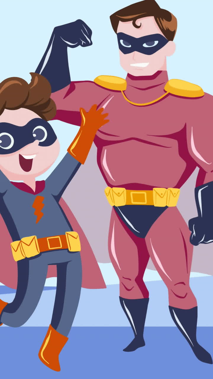 animación de una feliz familia de superhéroes con una planta azul sobre un fondo azul