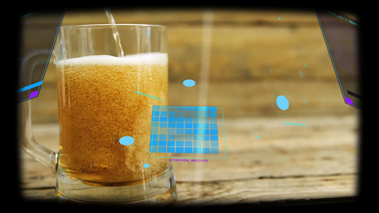 Clear glass mug filling, pouring creating foam while blue HUD panel sliding across mug beverage ads