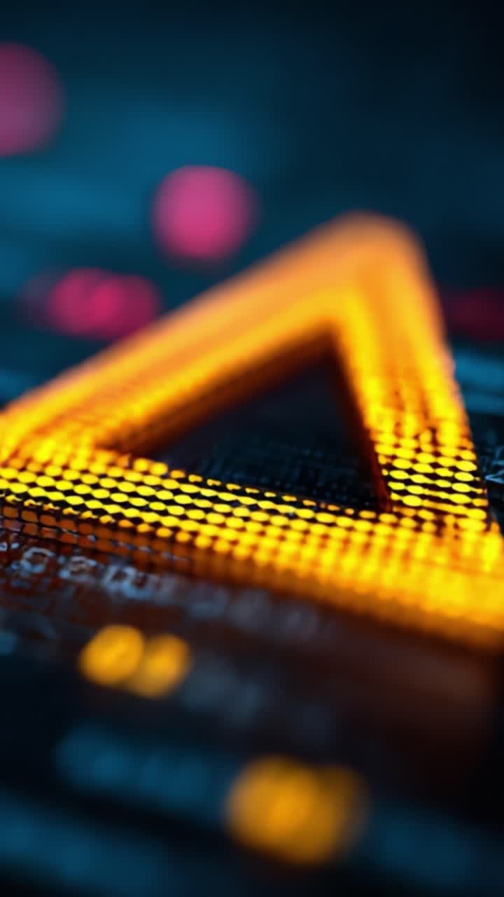 A Vibrant Close-Up of an Illuminated Triangle Shape with Bright Orange Pixels, Set Against a Dark Background Filled with Abstract Light Patterns and Digital Elements