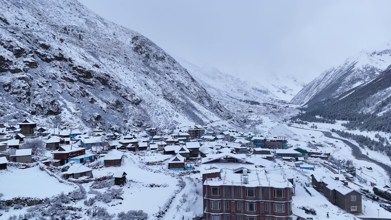 Snowy Mountain Village in Himalayas