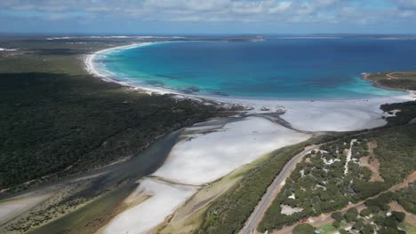 Aerial-top-down-of-Bremer-beach-with-sand-and-river-mouth-in-Australia