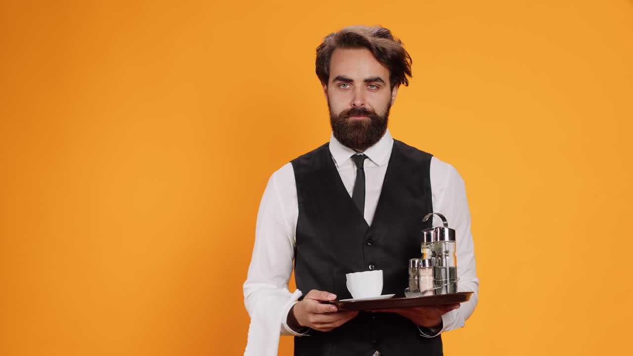 el empleado del restaurante muestra un símbolo de disgusto.