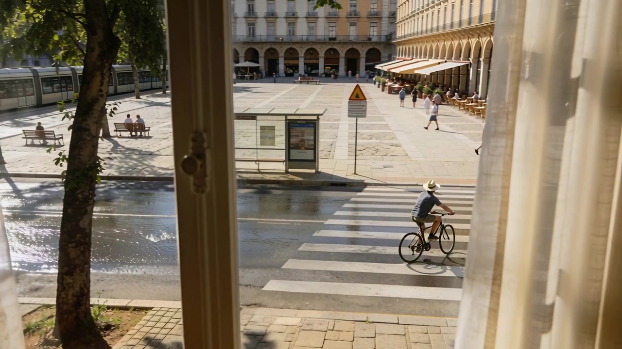Ciclista in bicicletta con cappello di paglia che attraversa le strisce pedonali verso la piazza, visto attraverso una finestra, con spazio per il testo.