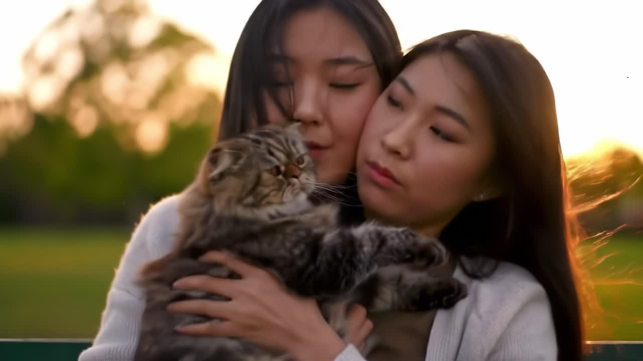 Two Young Women Embrace a Fluffy Cat in a Serene Outdoor Setting During Golden Hour, Capturing a Moment of Tender Connection and Joy.