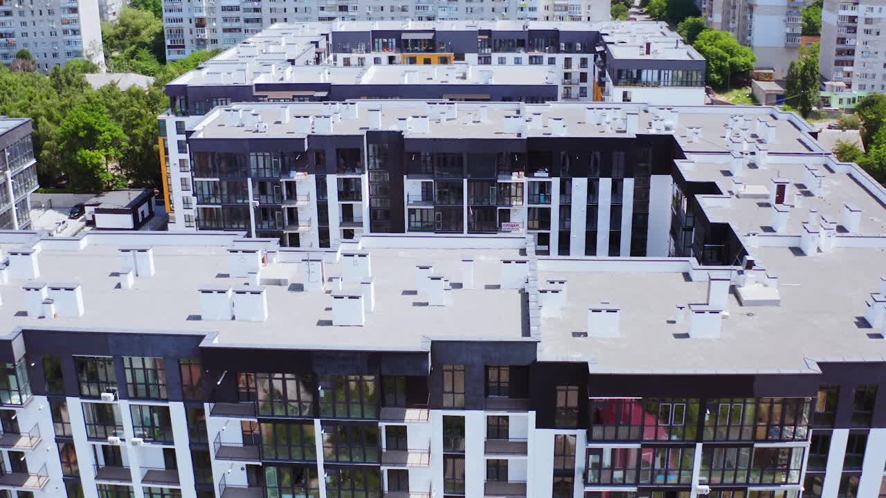 Aerial view of apartment building. Drone view of typical multi floor apartment buildings complex