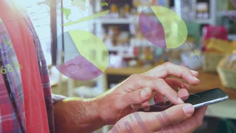 Animation-of-statistical-data-processing-over-mid-section-of-man-using-smartphone-at-grocery-store