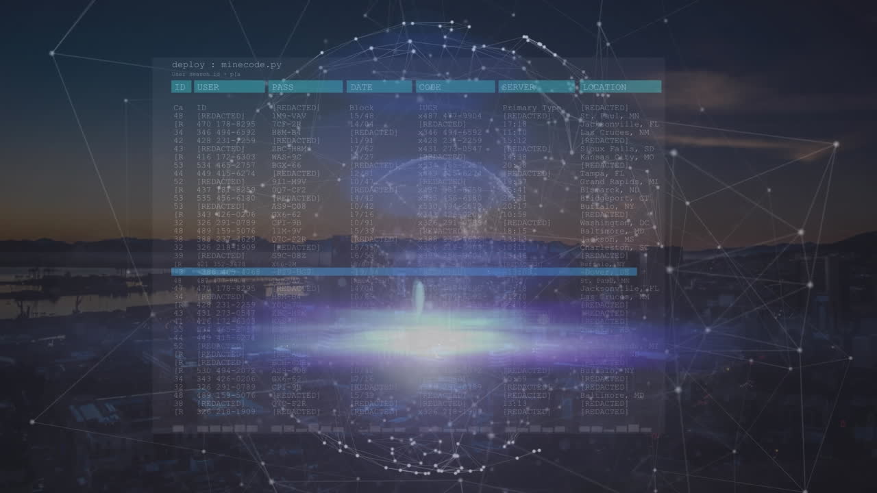 도시 풍경 위의 데이터 처리 애니메이션