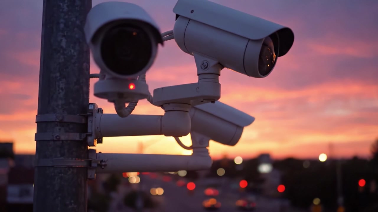 Surveillance Cameras Against a Dusk Sky: A Scenic View of Modern Security Solutions Over a Bustling Urban Landscape at Sunset