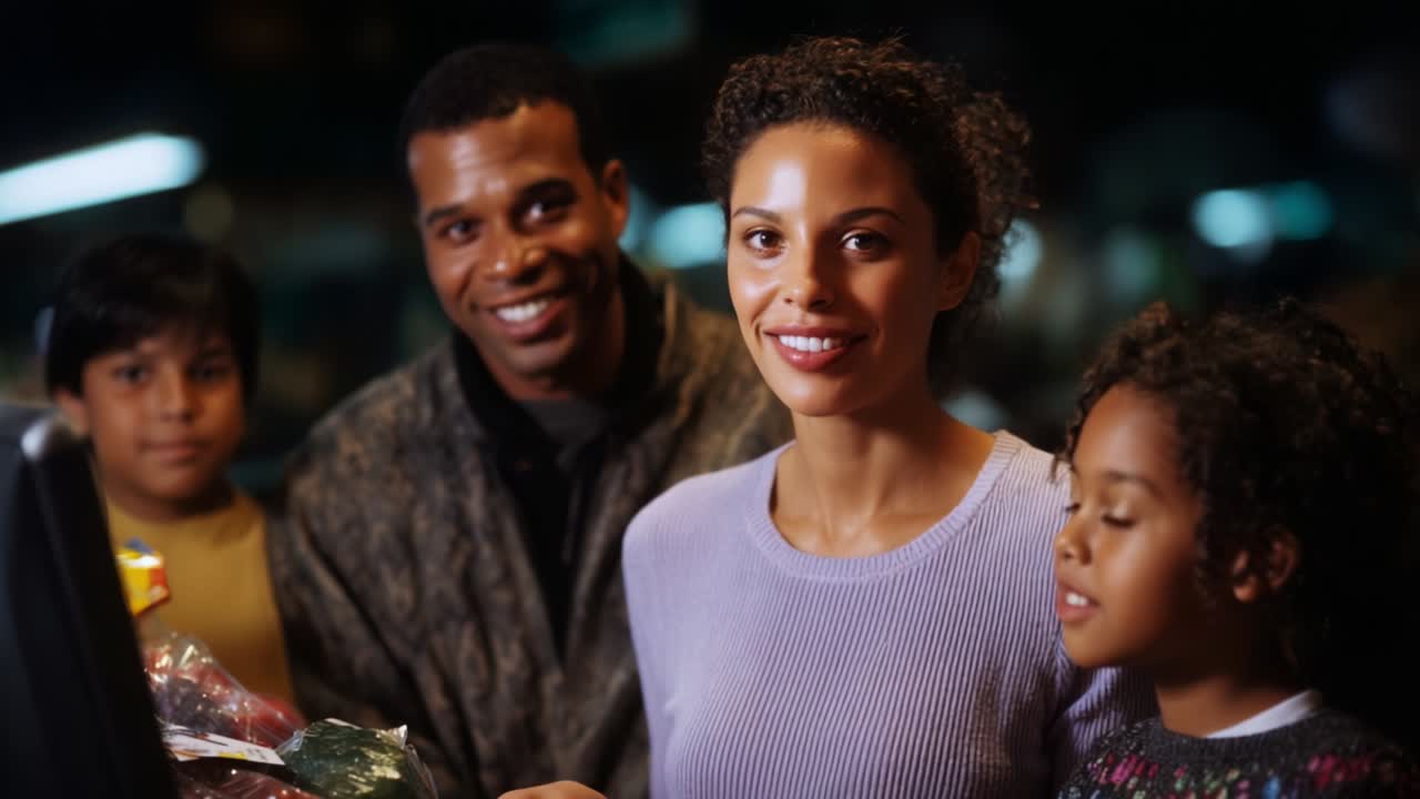 A joyful family moment captured, showcasing a mother and her children joyfully engaging with a self-checkout machine while a smiling father observes proudly, reflecting the warmth of togetherness in a supermarket setting