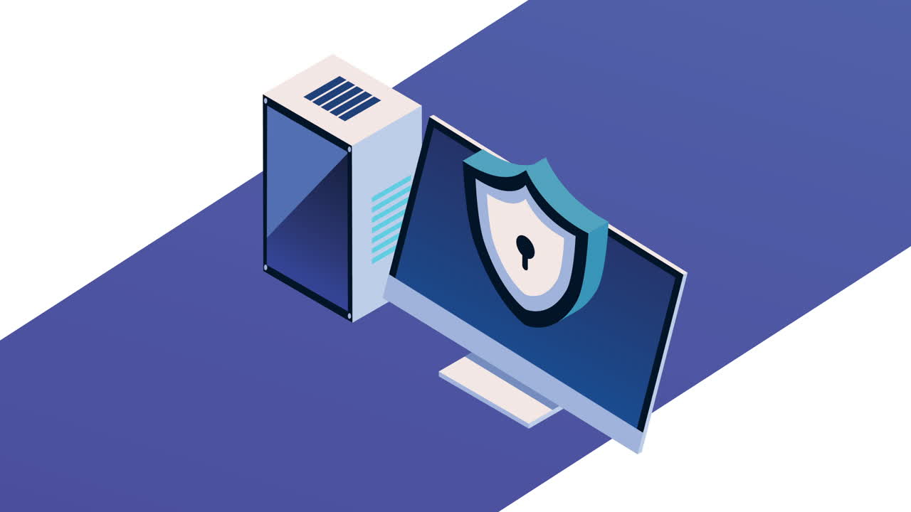 animación tecnológica de computadora de escritorio isométrica