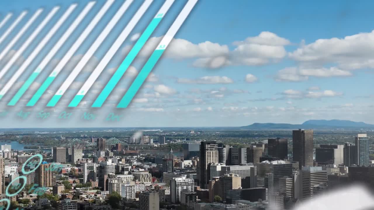 도시 풍경 위의 데이터 처리 애니메이션