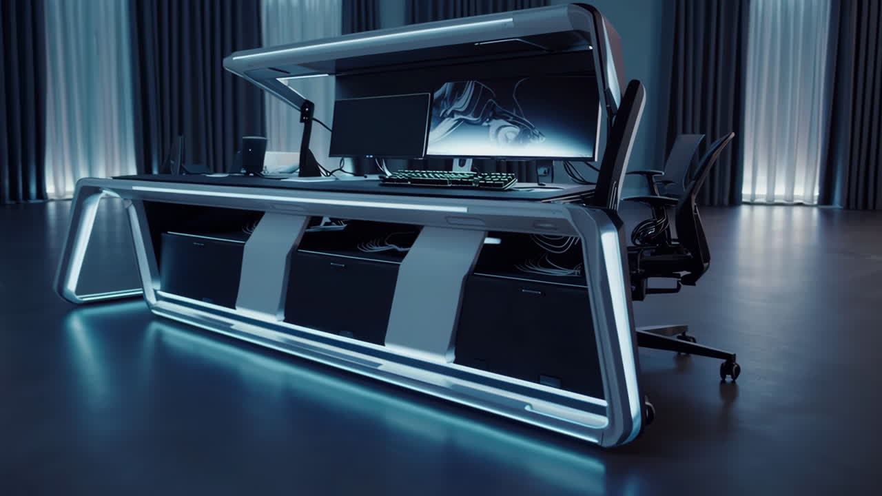 High-Tech Gaming and Workstation Setup with LED Lighting