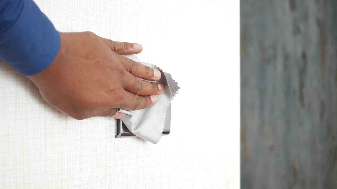 limpieza de un interruptor de luz con un paño de microfibra