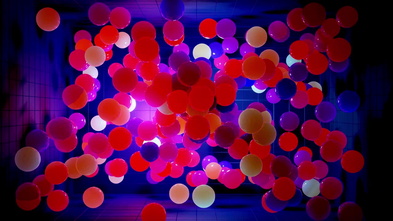 composición abstracta de bolas de colores en el aire, que se iluminan al azar y se reflejan entre sí. esferas multicolores en el aire como simple fondo oscuro geométrico con efectos de luz en la habitación oscura.