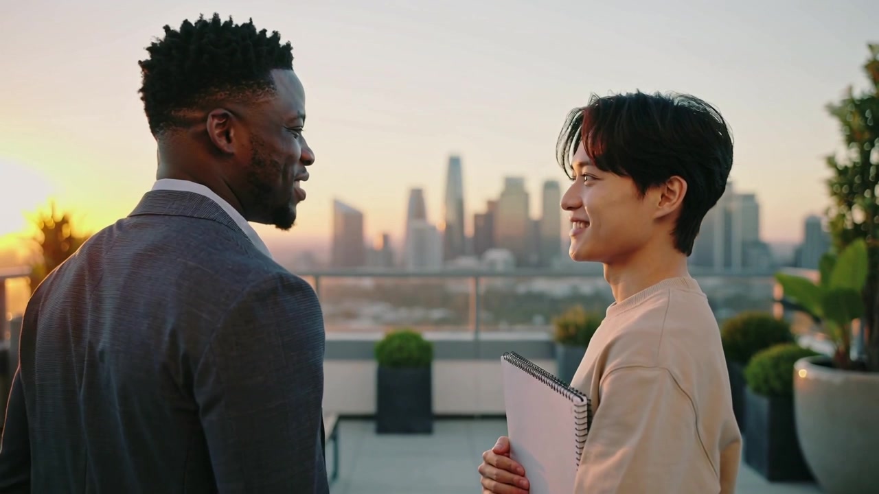 Greeting suited man shaking hands with sweatshirt man holding spiral notebook on rooftop sunset