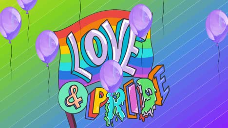 animation of balloons with rainbow love and pride text on rainbow background