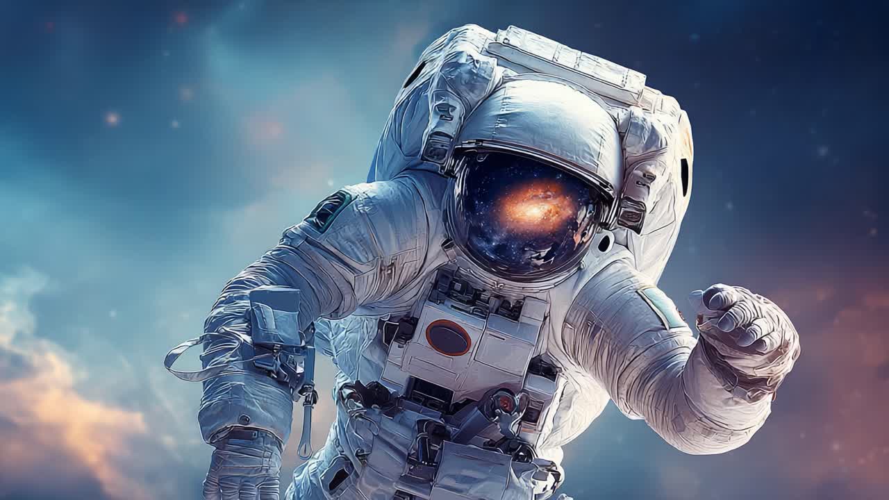 En astronaut vover sig ud i det kosmiske ukendte og viser en fantastisk galakse inde i sin hjelm, hvilket repræsenterer de uendelige muligheder inden for rumudforskning og opdagelse.