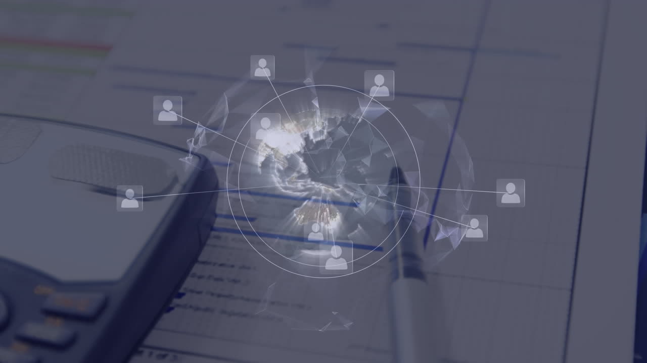 globo de red de iconos de perfil girando contra vista de cerca de los documentos y la calculadora