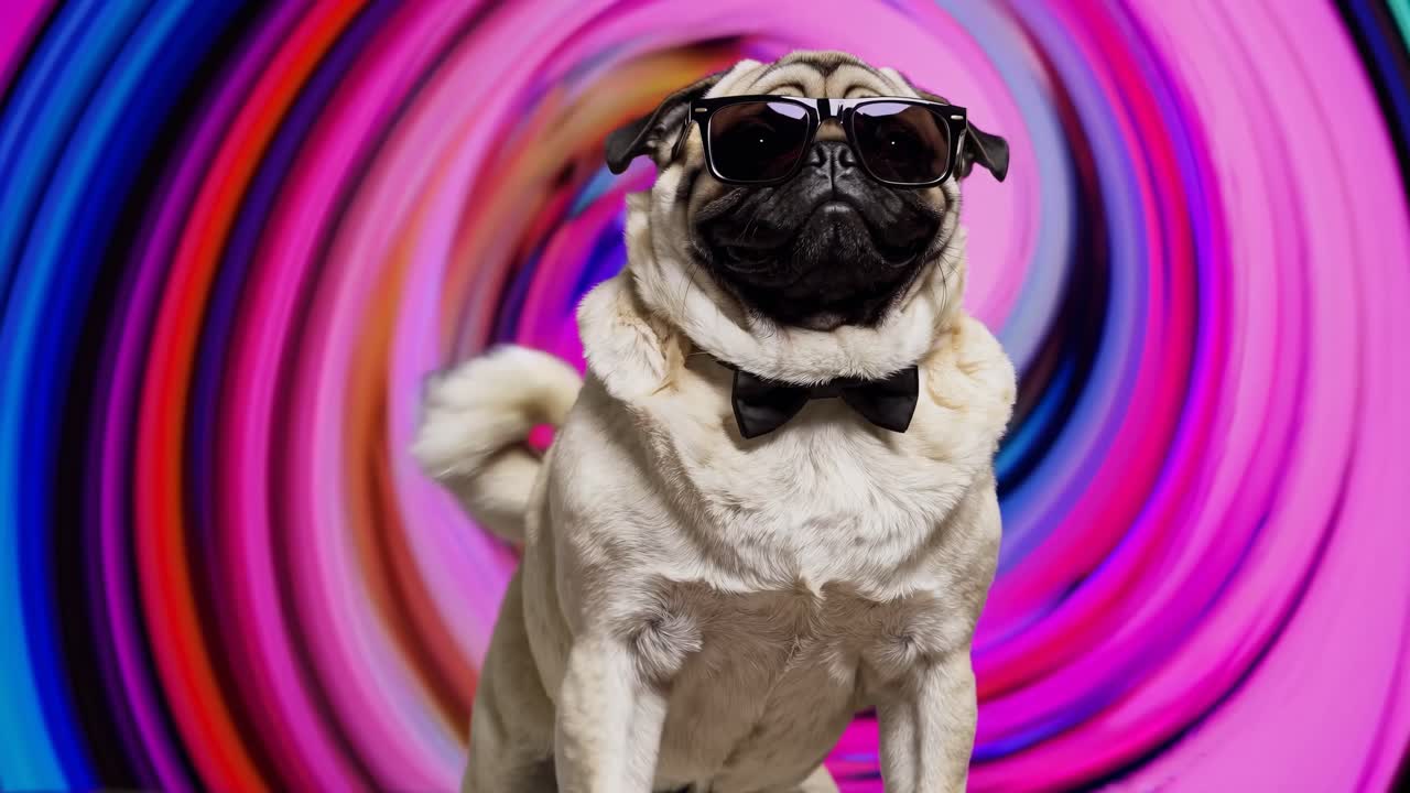 A pug in sunglasses and bow tie poses against a vibrant, swirling background