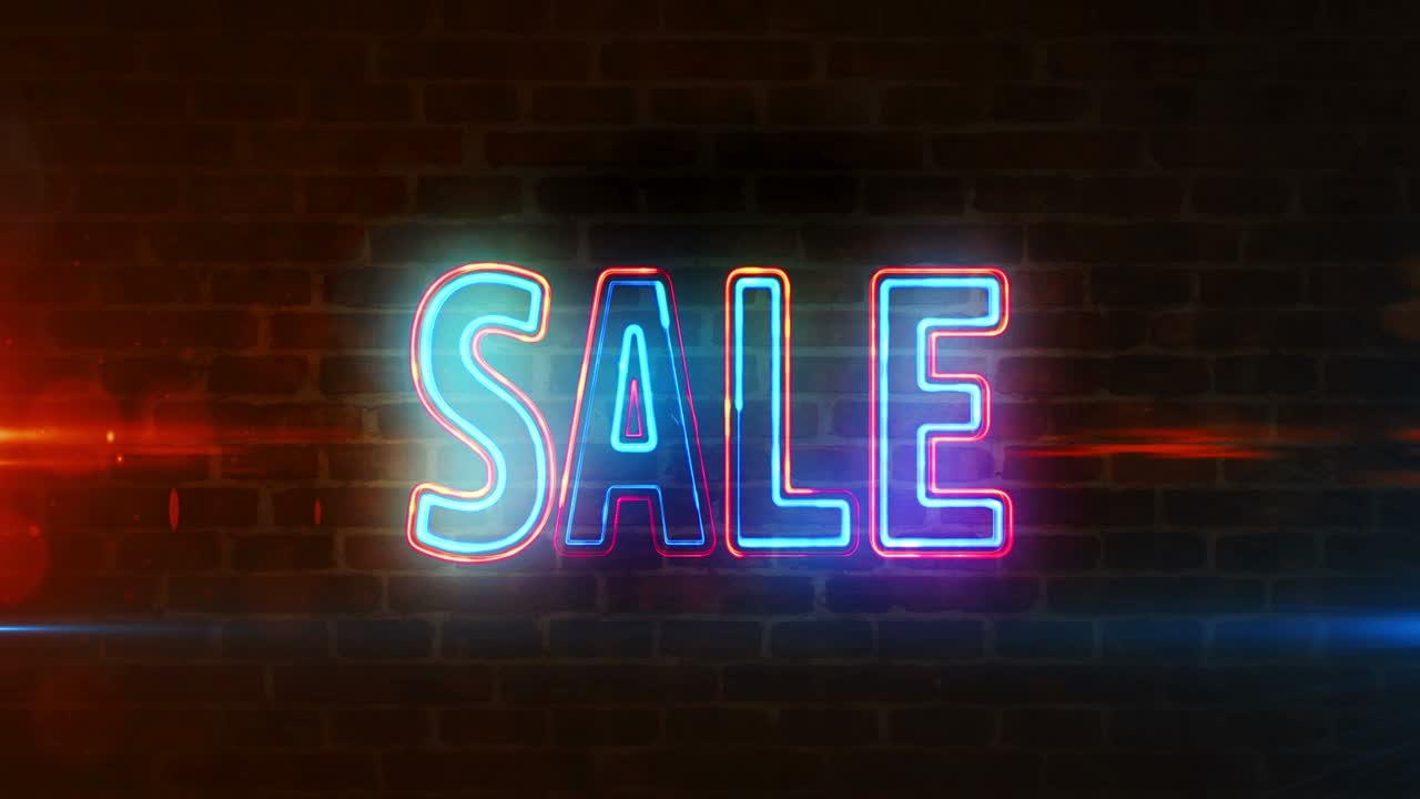 símbolo de promoción de venta de neón en la pared de ladrillo