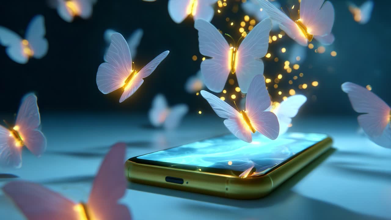 A mesmerizing display of digital butterflies emerging from a smartphone, symbolizing innovation and creativity in technology, with a vibrant glow and enchanting atmosphere, creating a captivating visual experience