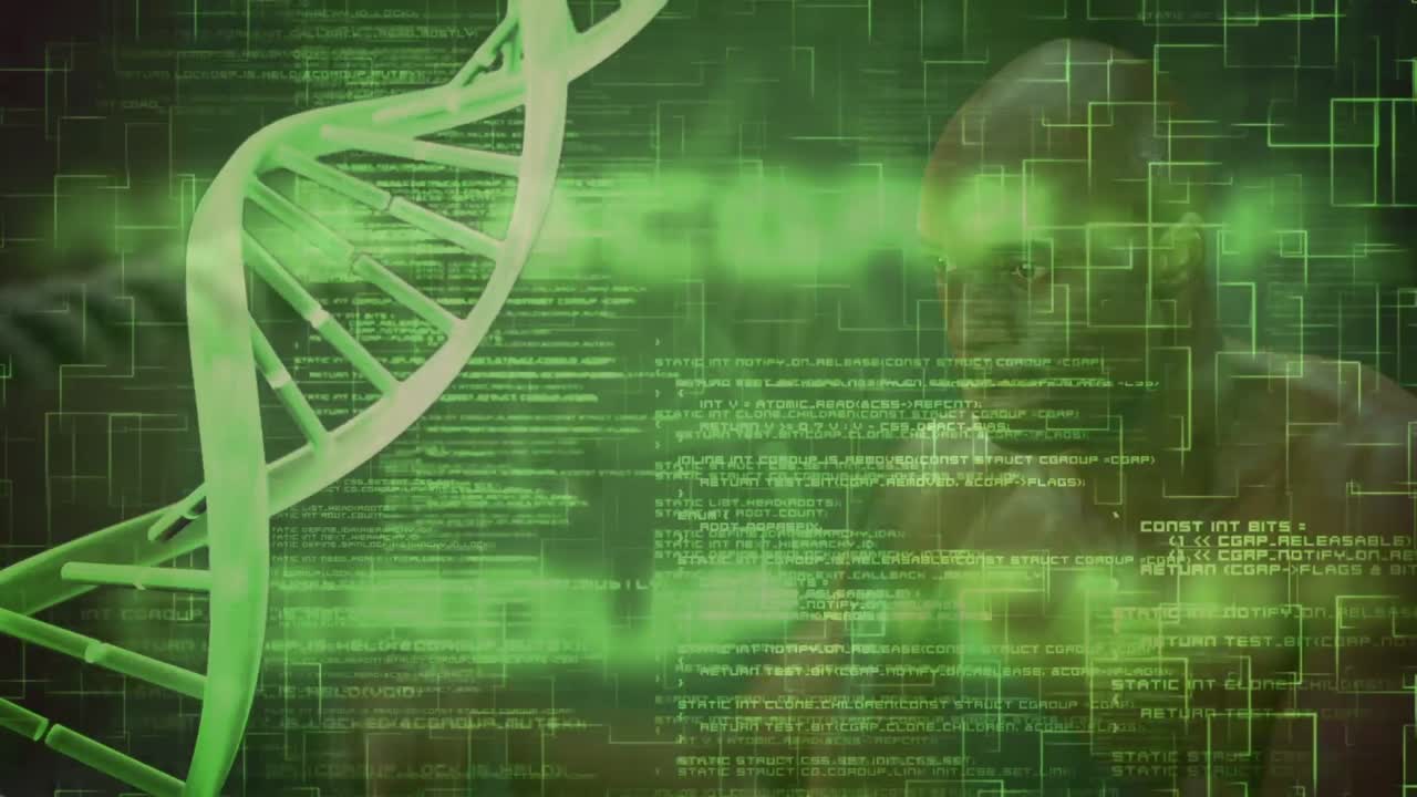 animación de la cadena de adn girando sobre el procesamiento de datos y ejercitando hombre fuerte