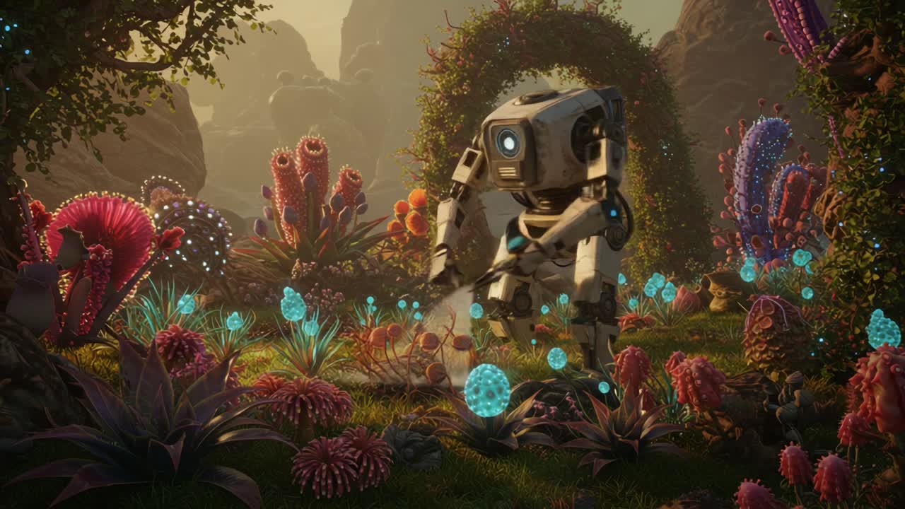 Un'esplorazione robotica in un fantastico giardino bioluminescente: un viaggio attraverso la flora surreale e imprese inesplorate