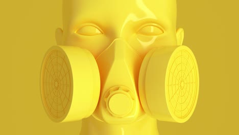 seamless loop of a female yellow shiny mannequin face in a mask-respirator in the sliding light of a searchlight on a yellow background. 3d render