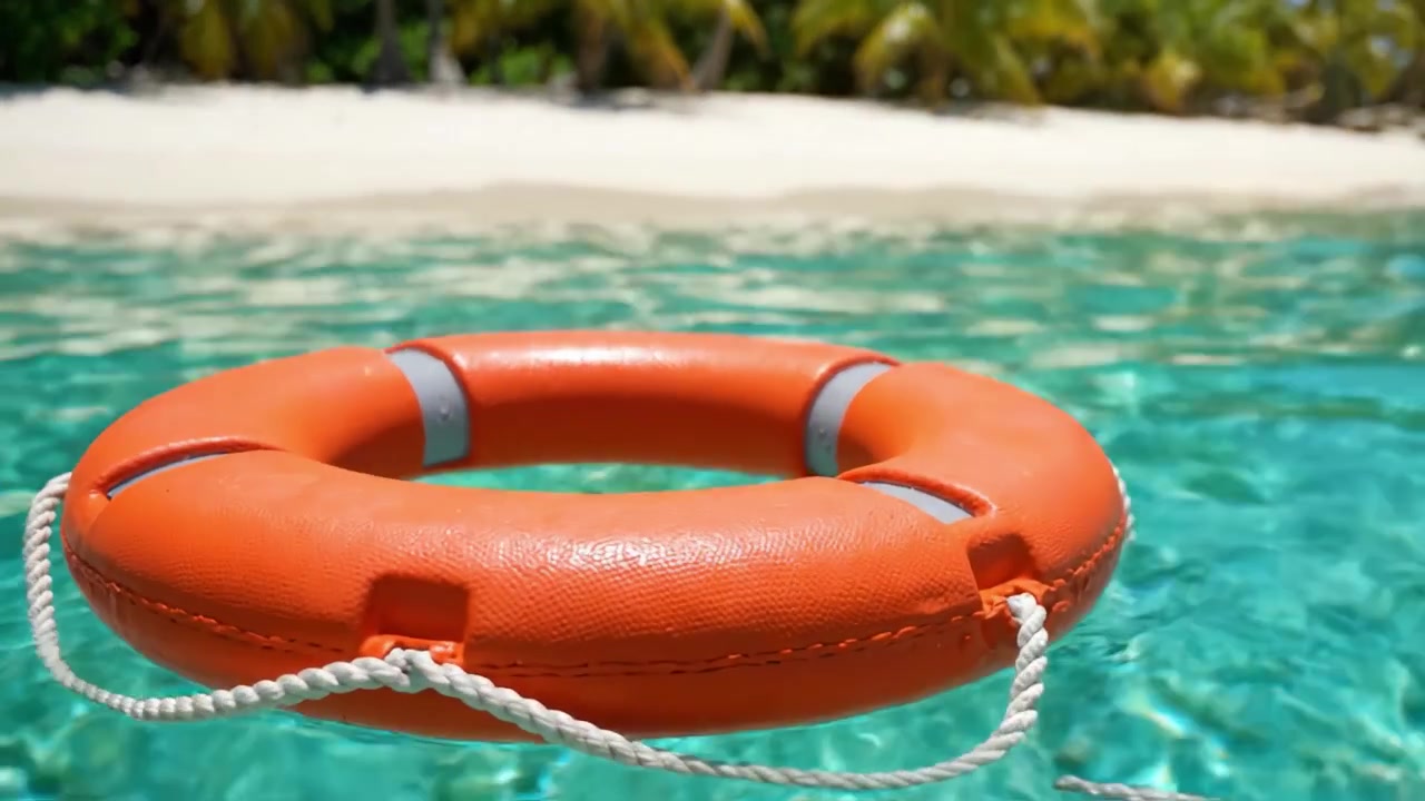 A Vibrant Life Preserver Floating in Crystal-Clear Tropical Water on a Sandy Beach with Lush Greenery in the Background, Symbolizing Safety and Relaxation