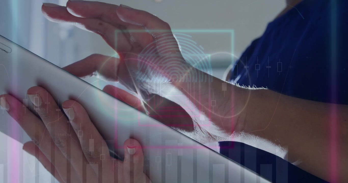 Animation of data processing and shapes over caucasian man using tablet