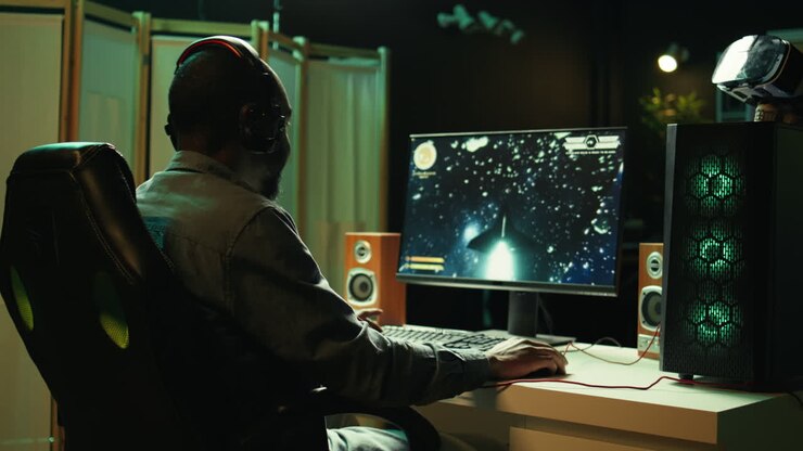Uomo che torna a casa per giocare a un videogioco spaziale su PC