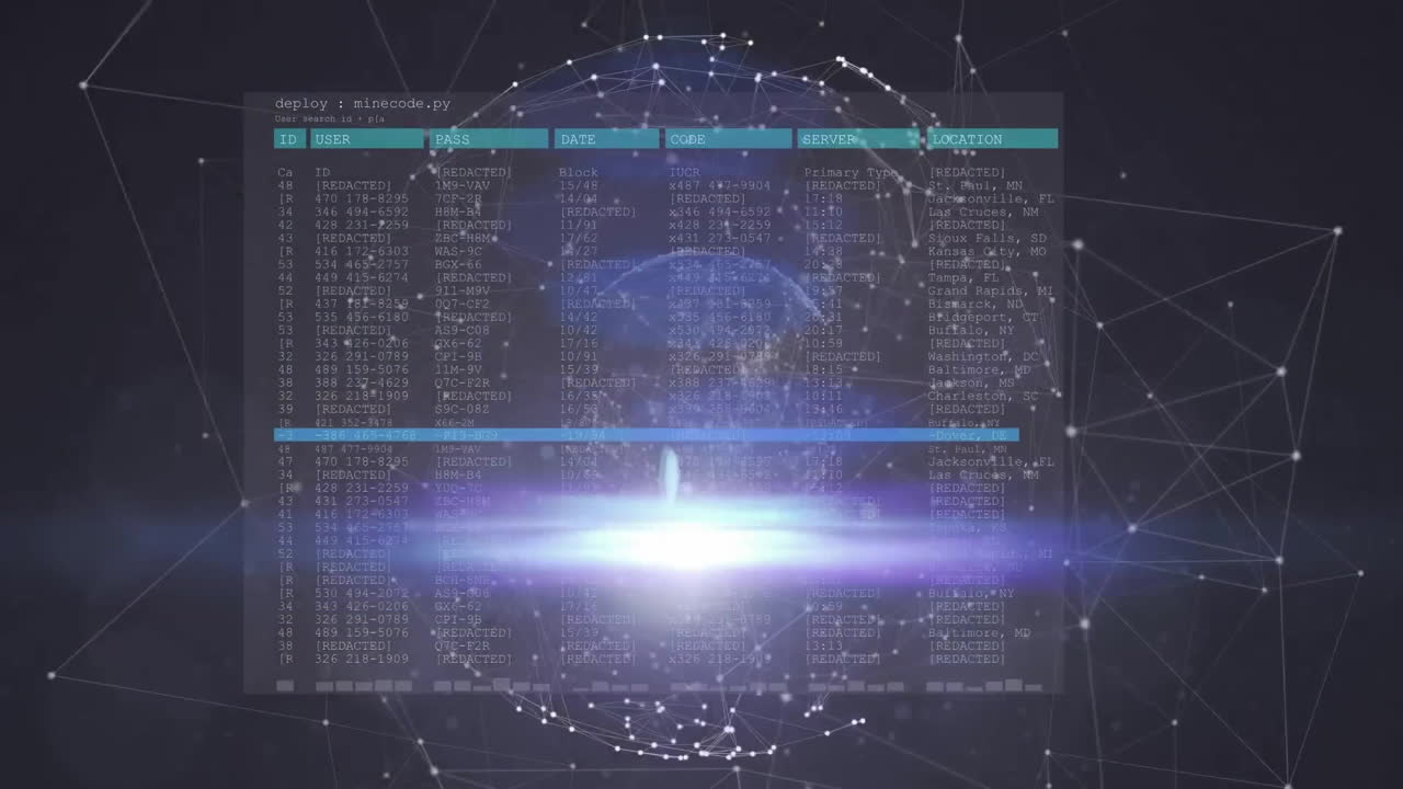 Animation of data processing over glowing global network on black background