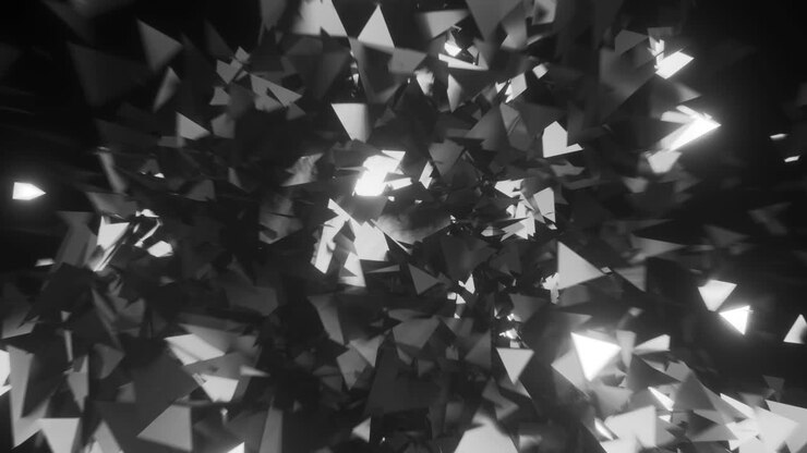 sfondo 3d di particelle di triangoli in movimento casuali. bianco e nero, ciclo senza cuciture