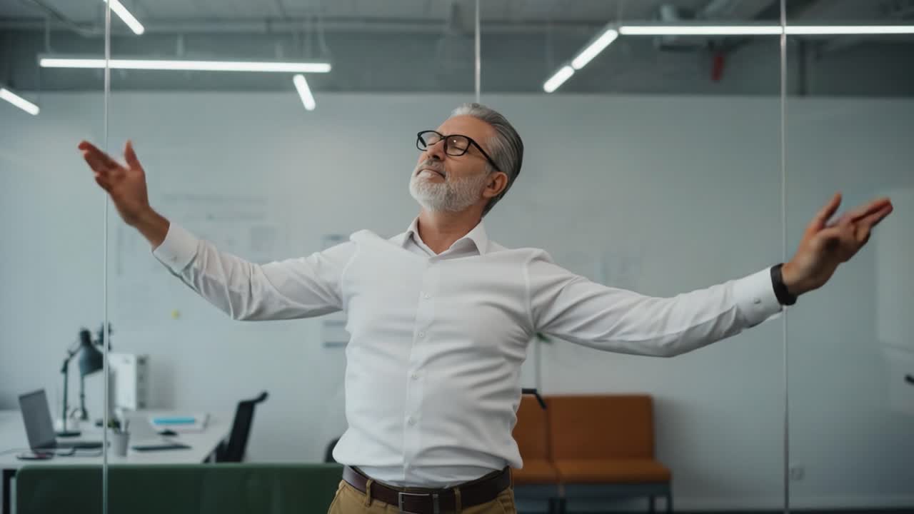 A Professional Man in an Office Environment Engages in Stretching Exercises to Promote Well-Being and Relieve Tension, Contributing to a Healthier Work-Life Balance
