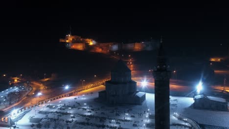 aerial night view of kars cathedral in turkey