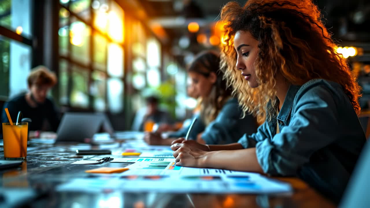 Brainstorming in a modern space. Group of individuals engage in a brainstorming session, sharing ideas and drawing on papers at a stylish workspace