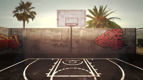 panorama of city landscape with empty basketball court and many palms in park sunset summer day