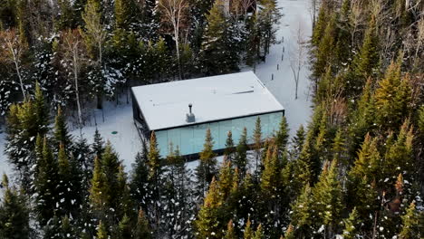 mirrored chalet in the middle of forest woods in charlevoix, quebec, canada