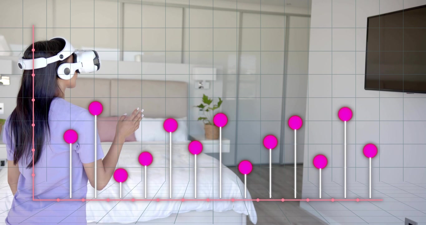 Woman wearing VR headset in bedroom gesturing launching rising bars topped by magenta dots for tech