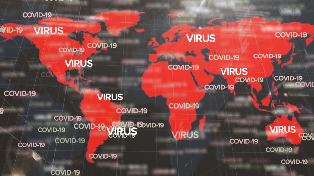 animación de la caída de múltiples textos de covid 19 sobre el mapa del mundo en fondo negro