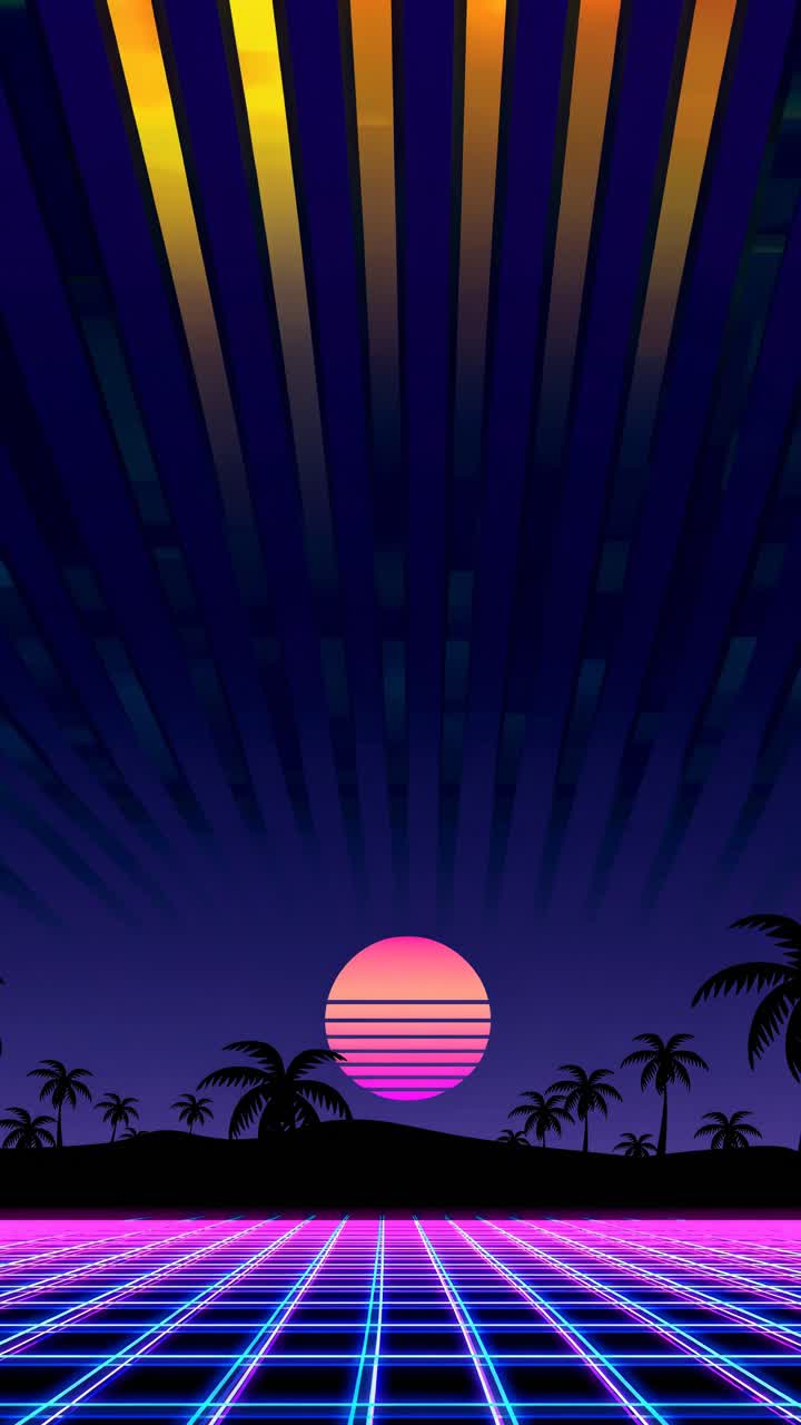 Retro futuristic video concept with a low-angle view of a neon grid, palm trees, and a vibrant