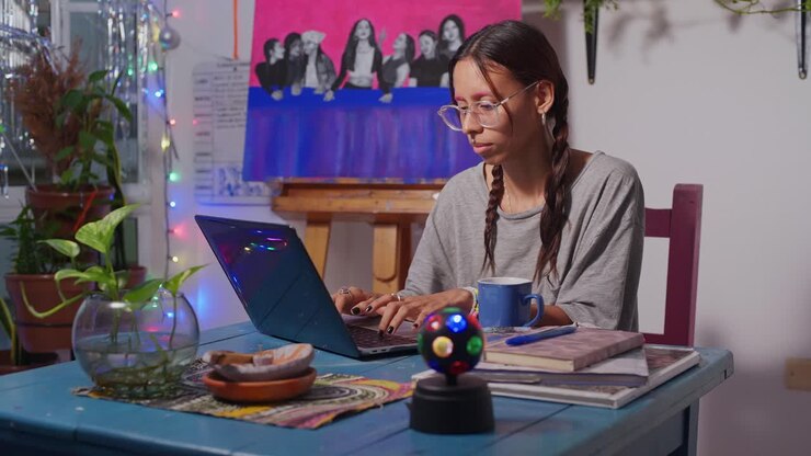Ung kunststuderende bruger en computer