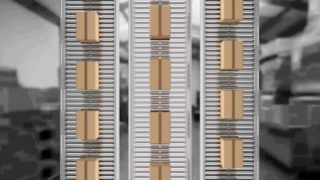 animation of cardboard boxes moving on conveyor belts over warehouse