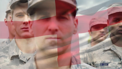 Animation-of-flag-of-england-waving-over-diverse-soldiers