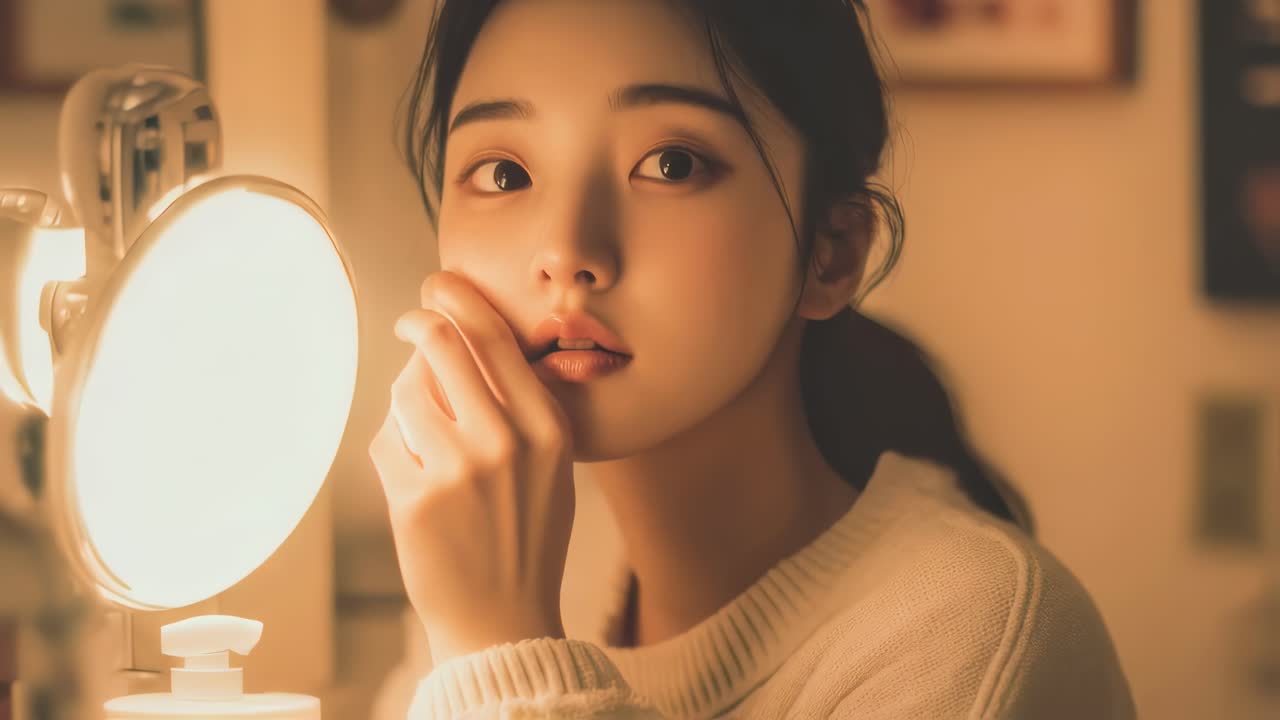 Soft warm lighting casting gentle shadows while young woman applying makeup, creating tranquil intimate moment during evening routine inside cozy bedroom space