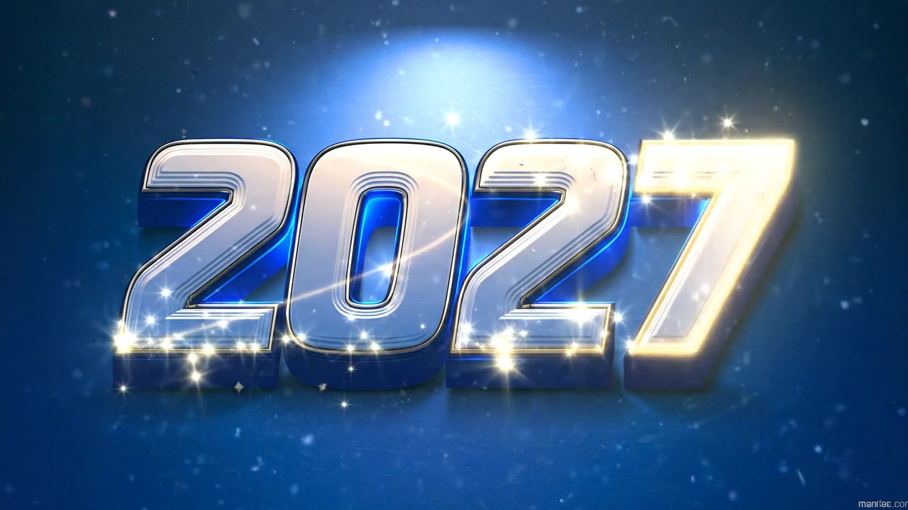 Testo animato 2027 con effetti di luce scintillanti su sfondo blu