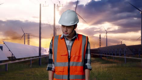 asian male engineer with safety helmet having a headache while working with solar panel and wind turbines