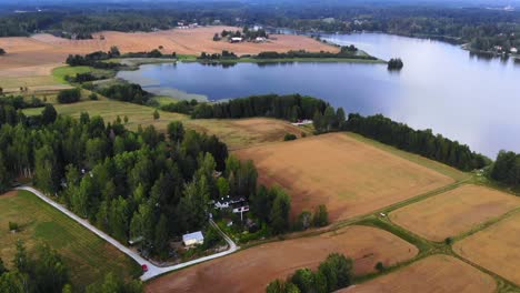 drone footage of some fields and lake in sweden