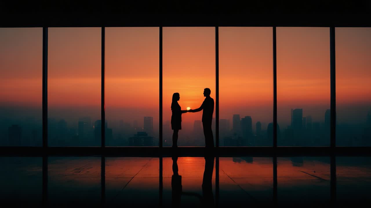 Una silhouette romantica contro uno skyline al tramonto: catturare un momento toccante tra due persone in un moderno ambiente urbano.
