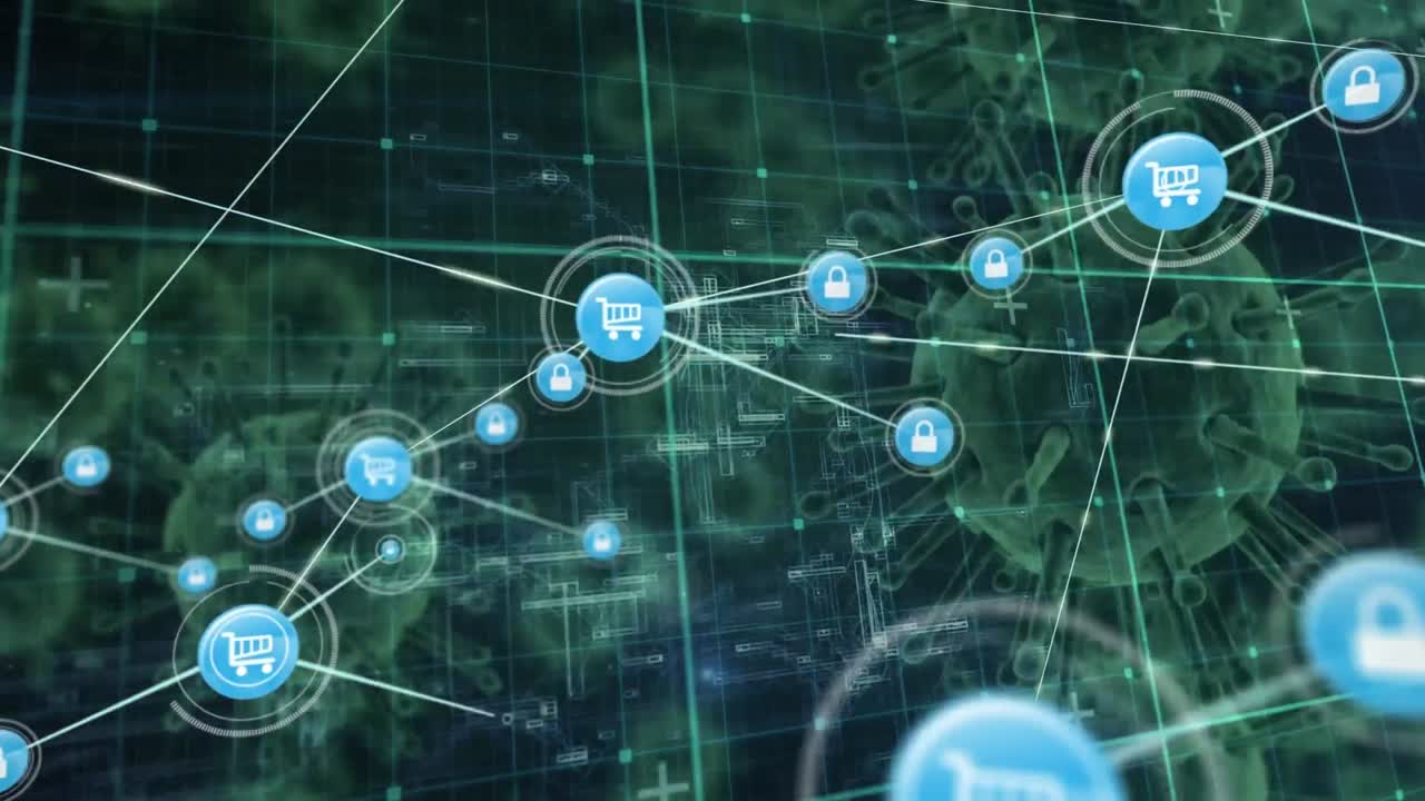 red de iconos digitales sobre red de rejilla contra múltiples células de covid-19 en fondo negro